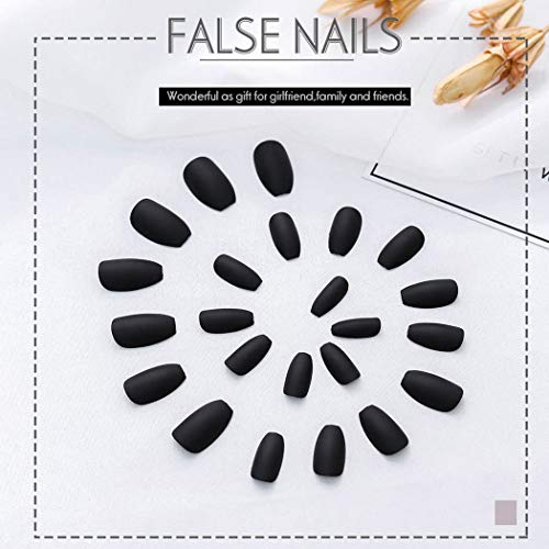 Simsly Coffin Fake Nails Tips Black Matte Long False Nails Set Full Cover Artificial Nails Press on Nails para mujeres y niñas (24 piezas)