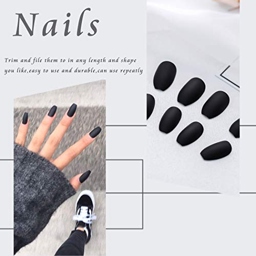 Simsly Coffin Fake Nails Tips Black Matte Long False Nails Set Full Cover Artificial Nails Press on Nails para mujeres y niñas (24 piezas)