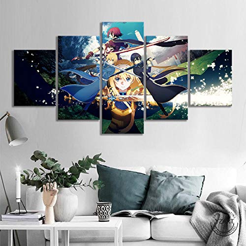 SINGLEAART Impresión De Lienzo 5 Paneles Cuadros,5 Piezas Pintura,Sala Estar Decoración,Modular Póster,Mural Abstracto,Regalo Cumpleaños,Alice Kirito Eugeo,Sword Art Online,100Cm×50Cm,con Marco