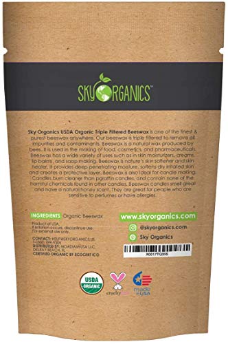 Sky Organics USDA Organic amarillas Pellets cera de abejas (1 libra) abejas cera pura de plaguicidas no tóxicos o sustancias químicas - 3 x filtrado, Fácil Melt Pastilles- para el bricolaje, velas
