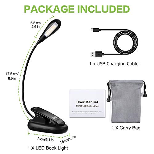 SKYEE Luz de Lectura para Libro, Lámpara de Lectura 7 LED 9 Niveles de Intensidades 3 Modos de iluminación (Blanca, cálida, Natural) Flexo de Pinza Lampara Recargable para Ebook, Ordenador