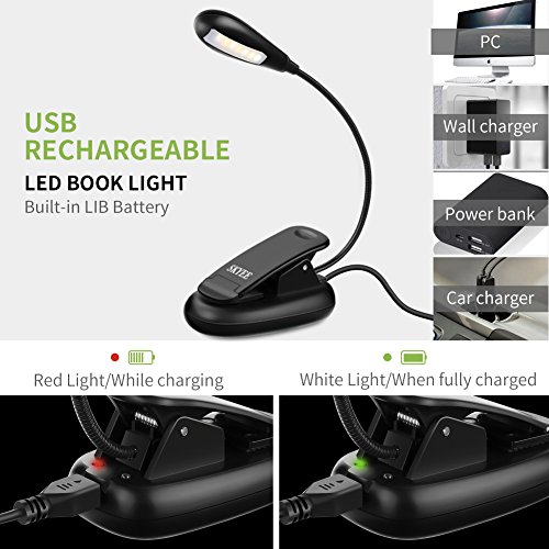 SKYEE Luz de Lectura para Libro, Lámpara de Lectura 7 LED 9 Niveles de Intensidades 3 Modos de iluminación (Blanca, cálida, Natural) Flexo de Pinza Lampara Recargable para Ebook, Ordenador