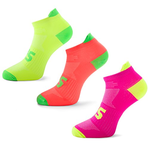 SLS3 Running Socks for Men and Women | Low Cut Anti-Dust Cycling Socks | Arch Support | Bright Neon Colors | Very Thin, 3-Pack Yellow/Melon/Pink, Large