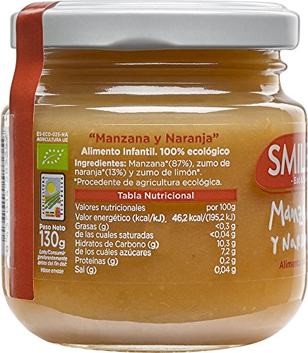 Smileat Tarrito de Manzana y Naranja Ecológica - Paquete de 12 x 130 gr - Total: 1560 gr