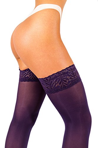 sofsy Encaje de Muslo Alto Opaco con sostenedor de Nylon, Pantyhose de Medias de Silicona Top 60 Den Violeta Violet 1/2 - X-Small/Small