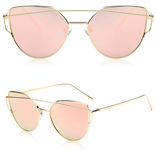 SOJOS Gafas De Sol De Moda Marca Metal Para Mujer-Lentes Planos De Espejo- Con Estilo Ojo De Gato SJ1001 Dorado Frente/Rosado Lentes