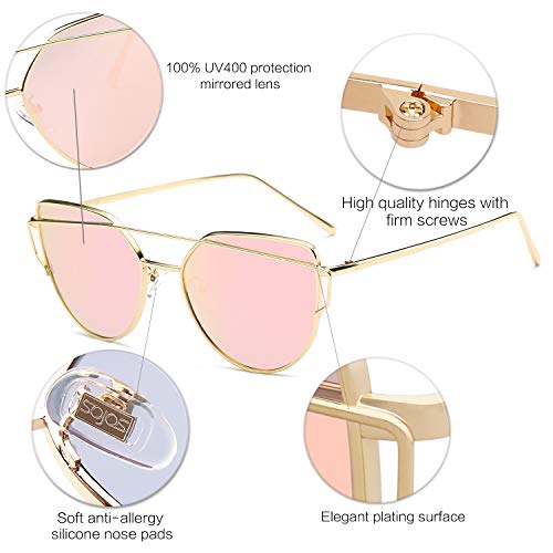 SOJOS Gafas De Sol De Moda Marca Metal Para Mujer-Lentes Planos De Espejo- Con Estilo Ojo De Gato SJ1001 Dorado Frente/Rosado Lentes