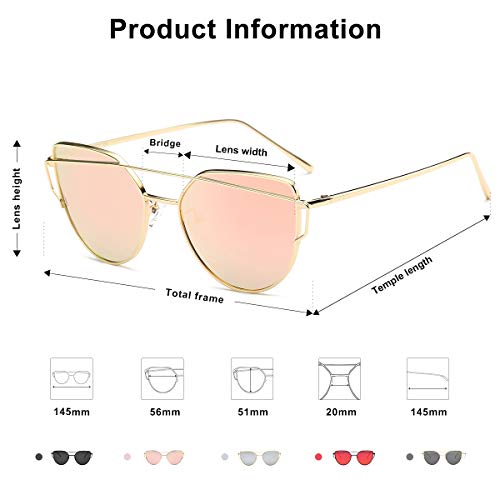 SOJOS Gafas De Sol De Moda Marca Metal Para Mujer-Lentes Planos De Espejo- Con Estilo Ojo De Gato SJ1001 Dorado Frente/Rosado Lentes