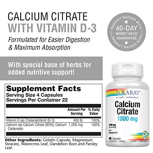 Solaray Solaray Calcium Citrate 1000Mg | Con Vitamin D3 | Calcio Citrato | 90 Vegcaps 90 Unidades 200 g
