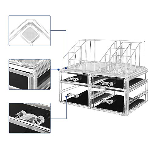 SONGMICS 2 en 1 Organizador para cosméticos Caja Maquillaje 4 Cajones Acrílico Transparente 24 x 13,5 x 18,5 cm