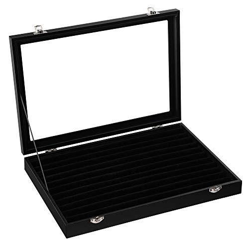 SONGMICS Bandeja para anillos, Cajón de Joyería con Tapa en Negro, con Terciopelo y Cristal, cajón para 100 anillos, Vitrina para anillos, con Imitación de Cuero, JDS301