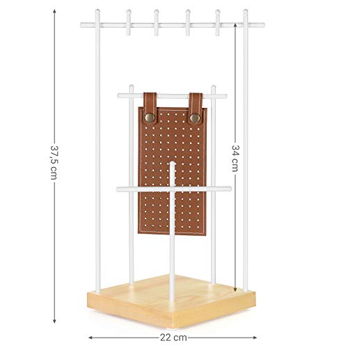 SONGMICS JJS07NW - Soporte para joyas, madera maciza, para guardar pendientes, collares y pulseras, escaparate, regalo, hierro, pino, color marrón y blanco