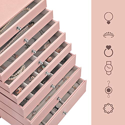 SONGMICS Joyero, Caja de Joyas, Estuche Grande de 8 Niveles, Ideal para Collares, Pendientes, Gafas de Sol, Pulseras, Relojes, Rosa Claro JBC11PK