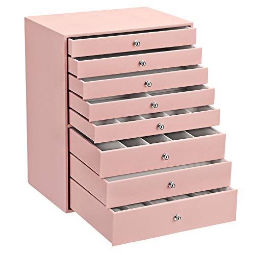 SONGMICS Joyero, Caja de Joyas, Estuche Grande de 8 Niveles, Ideal para Collares, Pendientes, Gafas de Sol, Pulseras, Relojes, Rosa Claro JBC11PK