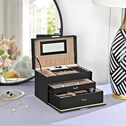 SONGMICS Joyero, Caja de Joyas, Organizador de Joyas de 3 Niveles con 2 Cajones y 1 Estuche de Viaje Portátil, para Anillos, Pulseras, Pendientes, Collares, de Regalo, Negro JBC126BK