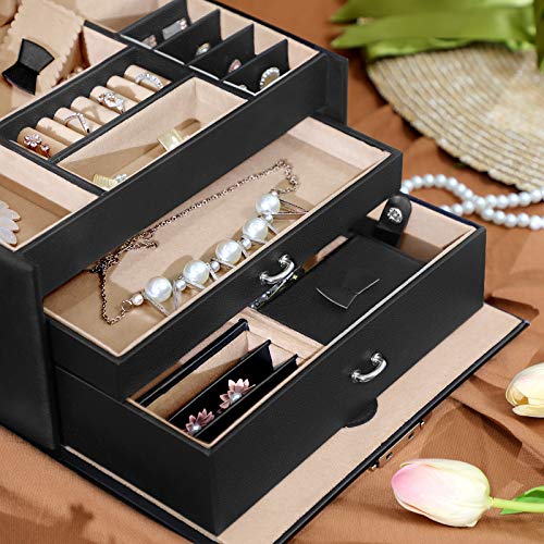 SONGMICS Joyero, Caja de Joyas, Organizador de Joyas de 3 Niveles con 2 Cajones y 1 Estuche de Viaje Portátil, para Anillos, Pulseras, Pendientes, Collares, de Regalo, Negro JBC126BK