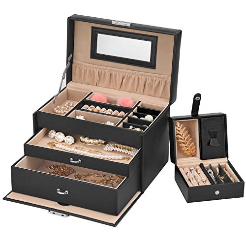 SONGMICS Joyero, Caja de Joyas, Organizador de Joyas de 3 Niveles con 2 Cajones y 1 Estuche de Viaje Portátil, para Anillos, Pulseras, Pendientes, Collares, de Regalo, Negro JBC126BK