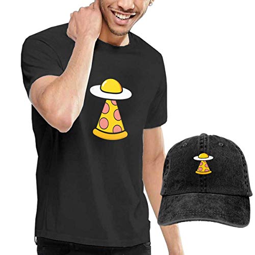 SOTTK Camisetas y Tops Hombre Polos y Camisas, Food Loving Egg Pizza UFO Men's Short Sleeve T Shirt & Washed Adjustable Baseball Cap Hat