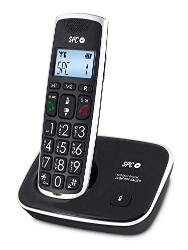 SPC Comfort Kaiser Duo teléfono inalámbrico color negro con teclas y digitos grandes, compatible con audífonos, agenda de 20 nombres y números y manos libres