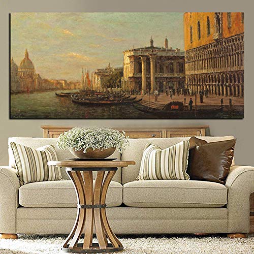 SQSHBBC Classic City Venice Seascape Oil Landscape Painting Print On Canvas Retro Wall Art Picture For Living Room Sofa Cuadros Decor
