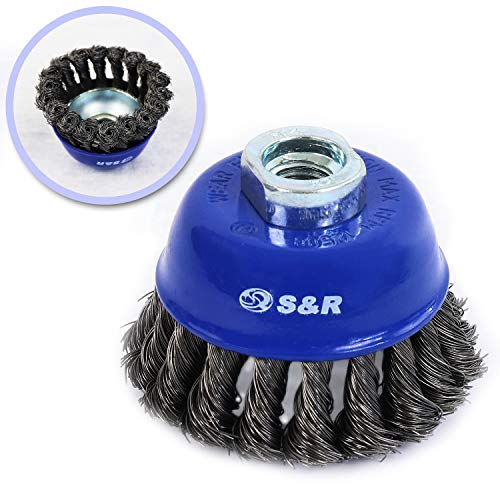 S&R Cepillos metálicos para taladro y amoladora. Juego de 3: 1 Cepillo de taza 75 mm, 1 cepillo redondo 100 mm, 1 cepillo manual para limpieza
