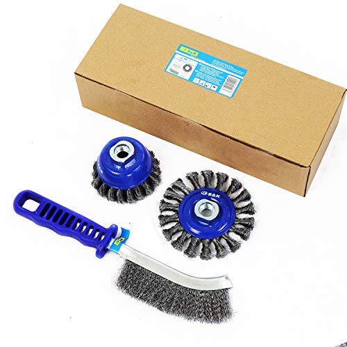 S&R Cepillos metálicos para taladro y amoladora. Juego de 3: 1 Cepillo de taza 75 mm, 1 cepillo redondo 100 mm, 1 cepillo manual para limpieza