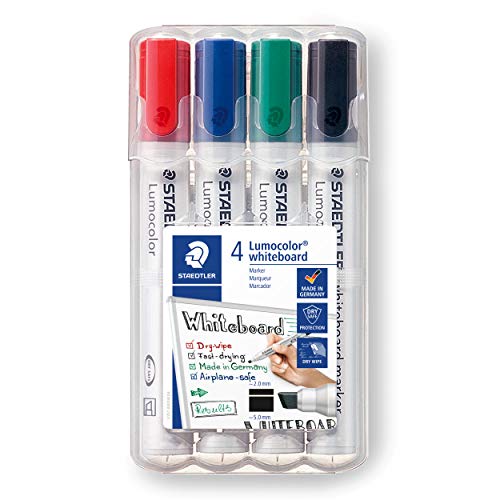 Staedtler 351 WP4 - Rotuladores para pizarra blanca Lumocolor, inodoro, secado rápido y recargable, paquete de 4 colores