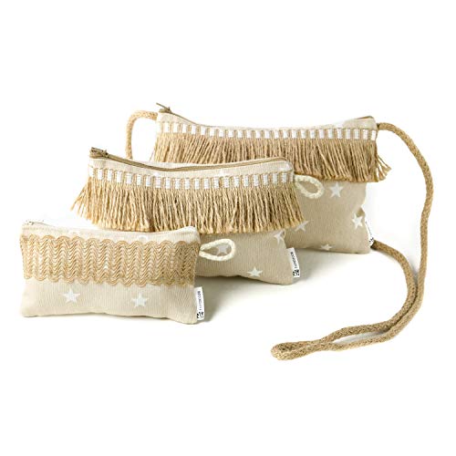 Star Bolso de mujer Bandolera Riñonera + Mascarilla Higiénica lavable a conjunto. Tejido color arena y estrellas con fleco.