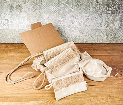 Star Bolso de mujer Bandolera Riñonera + Mascarilla Higiénica lavable a conjunto. Tejido color arena y estrellas con fleco.