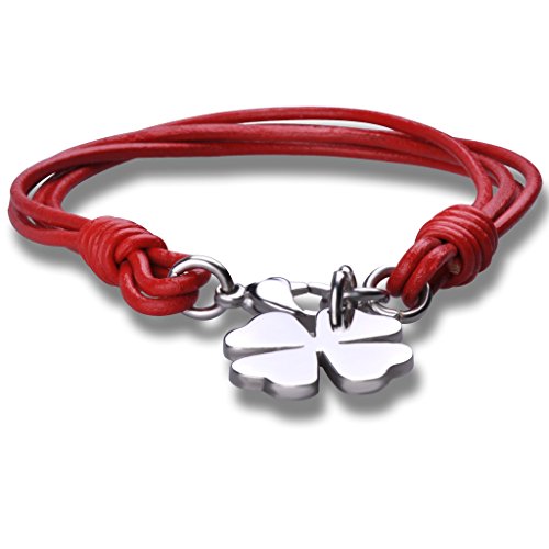 Stayoung Jewellery Moda Unisex Acero Inoxidable Cuero Trenzado Pulsera Brazalete Trébol de Cuatro Hojas, Rojo