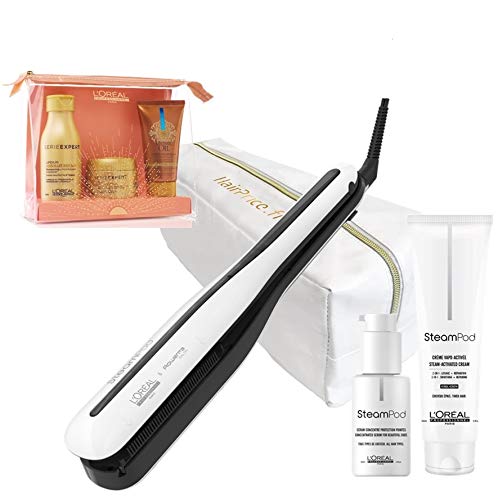 Steampod 3.0 - Plancha de vapor profesional + suero puntas, crema para cabello grueso + estuche Summer Absolut Repair + bolsa de almacenamiento