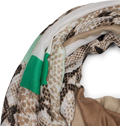styleBREAKER chal de mujer con motivo estampado de serpiente, superficie de color «color blocking» y deshilachados, pañuelo 01016177, color:Verde-Menta