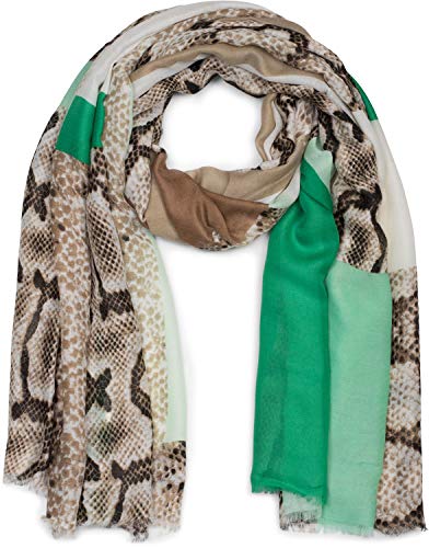 styleBREAKER chal de mujer con motivo estampado de serpiente, superficie de color «color blocking» y deshilachados, pañuelo 01016177, color:Verde-Menta
