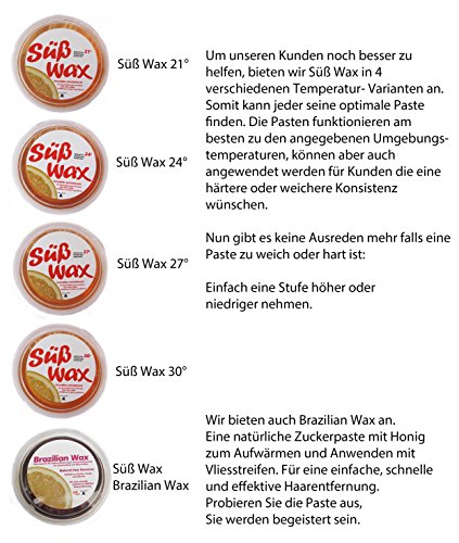 Süß Wax - Cera caliente para depilación, 400 g, fabricada con azúcar, miel y limón, incluye 100 bandas de fieltro 100% natural