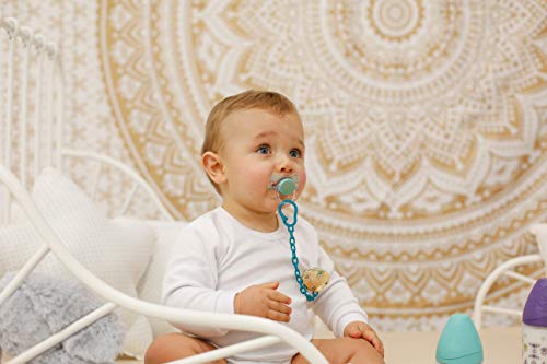 Suavinex - Broche Chupete de Bebé Premium Haute Couture. Broche Pinza Redondo. 0% BPA. Diseño Étnico Con Relieves Color Dorado y Azul