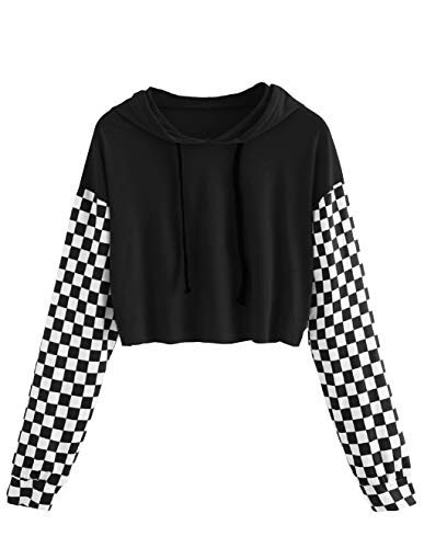 Sudaderas Mujer Cortas, Sudaderas Chicas Adolescentes con Capucha Otoño Manga Larga Patchwork Cuadros Impresión Primavera Jersey Blusa Hoodie Pullover Tops Béisbol Chaquetas Deportivas (Negro, L)