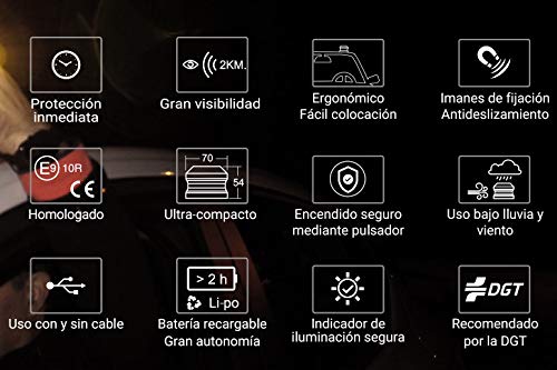 SUMEX BALIZA1 SOSTRAFIC-Baliza LED Luminosa Magnética de Emergencia Recargable HOMOLOGADA Alta Visibilidad Desde 2Km. Tamaño Reducido 70mm, Impermeable, 2h. de autonomia, Recomendada por la DGT