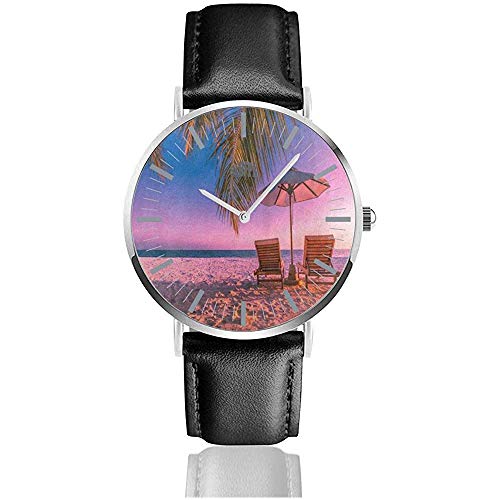 Sunrise Palm Tree Sea Beach Sand Beachs Relojes Resistencia al Agua Reloj de Cuarzo Reloj de Pulsera de Negocios con Correa de Cuero Reloj