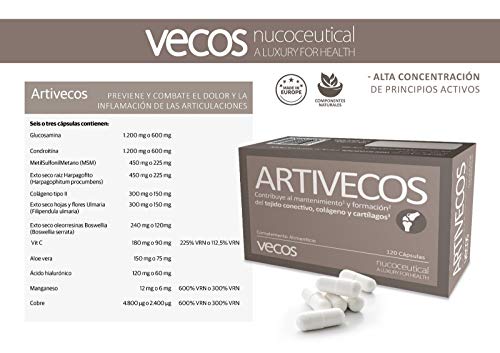 Suplemento Artivecos para el cuidado de huesos y articulaciones – Formula completa con colágeno, ácido hialurónico, glucosamina, condroitina, MSM, manganeso, aloe vera y vitamina C – 120 cápsulas