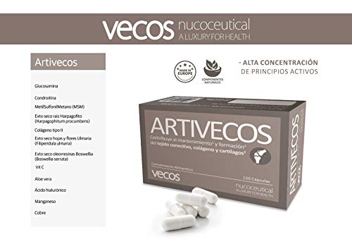 Suplemento Artivecos para el cuidado de huesos y articulaciones – Formula completa con colágeno, ácido hialurónico, glucosamina, condroitina, MSM, manganeso, aloe vera y vitamina C – 120 cápsulas