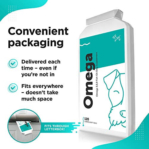 Suplementos para Perros Complejo Natural de Omega 3, 6 y 9 – Aceite de Pescado para la Piel y Pelaje Brillante – Mejora Articulaciones, Defensas y Bienestar – 120 Omega 3 Cápsulas para Perros de Gel