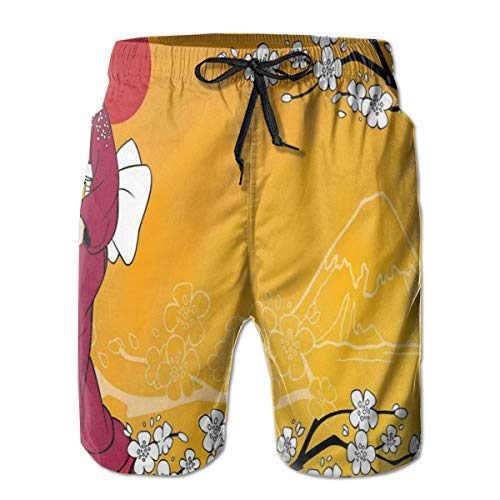 Swimming Shorts Funny Printed,Geisha Woman and Sakura Trees In The Foothills of Fuji,Quick Dry Beach Board Trunks with Mesh Lining,XX-Large