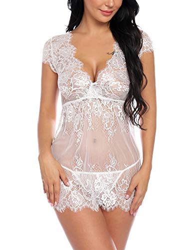 Sykooria Conjunto de lencería de Encaje Sexy Babydoll Nightwear Chemise Deep V- Cuello camisón