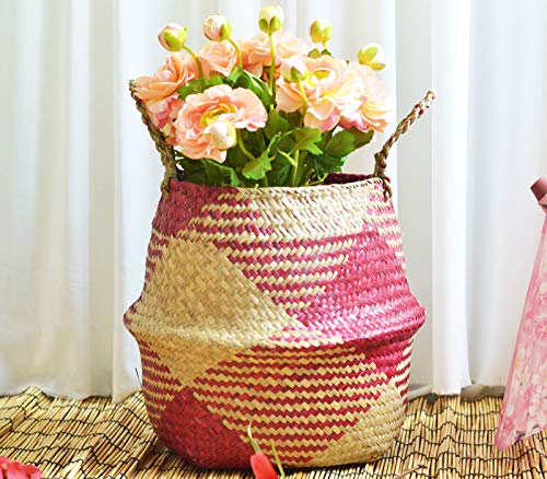 Szetosy - Cesta de junco marino natural tejida a mano, con asa, para almacenar juguetes, ropa sucia o como maceta, Estilo#3, 27CMx24CM