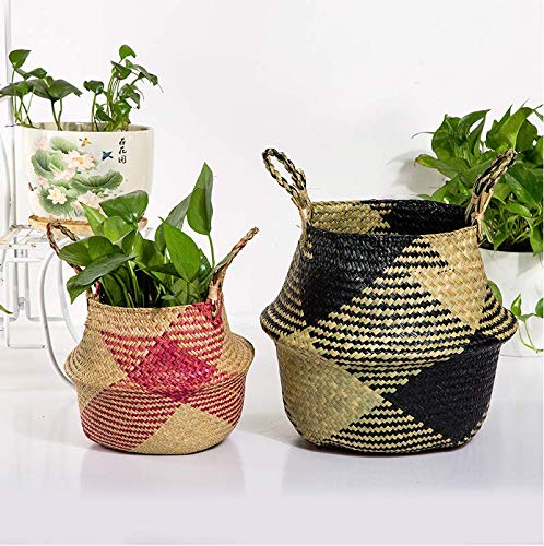 Szetosy - Cesta de junco marino natural tejida a mano, con asa, para almacenar juguetes, ropa sucia o como maceta, Estilo#3, 27CMx24CM