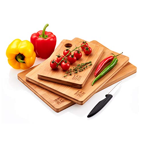 Tablas De Cortar Cocina en Madera Premium Extra-Gruesas - Juego de 3 Piezas en Madera de Bambú Para Picar - Certificación FSC y LFGB - Ideal Para Carnes, Verduras, Queso y Pan