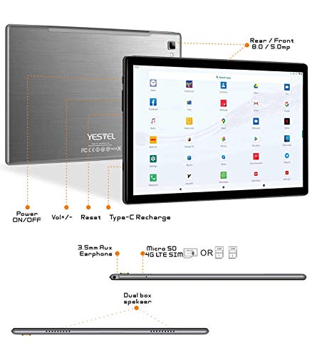 Tablet 10 Pulgadas, 5G Wi-Fi, 4G LTE Dual SIM, Android 10.0 YESTEL T5 Tablet PC, Procesador Octa-Core 1.6 GHz, HD Display, Face ID, 3 GB de RAM, 64 GB Ampliables hasta 128 GB, Color Gris