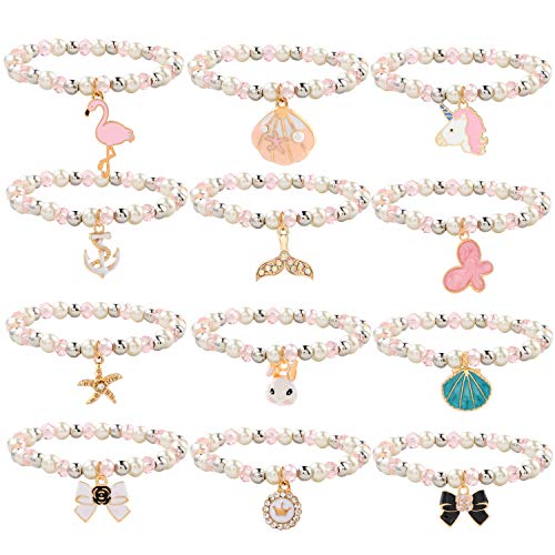Tacobear 12 Piezas Pulseras Amistad Pulsera Niña Pulsera Unicornio Cristal Perlas Animales Colgante Pulseras Princesa Joyas Fiesta Cumpleaños Regalo para Niña Niños (Sola Capa)