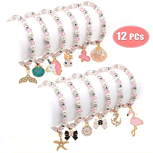 Tacobear 12 Piezas Pulseras Amistad Pulsera Niña Pulsera Unicornio Cristal Perlas Animales Colgante Pulseras Princesa Joyas Fiesta Cumpleaños Regalo para Niña Niños (Sola Capa)