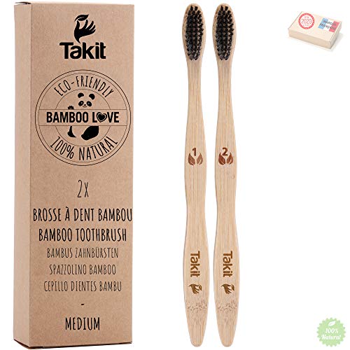 TAKIT Cepillo Dientes Bambu - x2 - Cerdas Medianas Con Carbón Infundido - Bio - Ecológico Y 100% Biodegradable